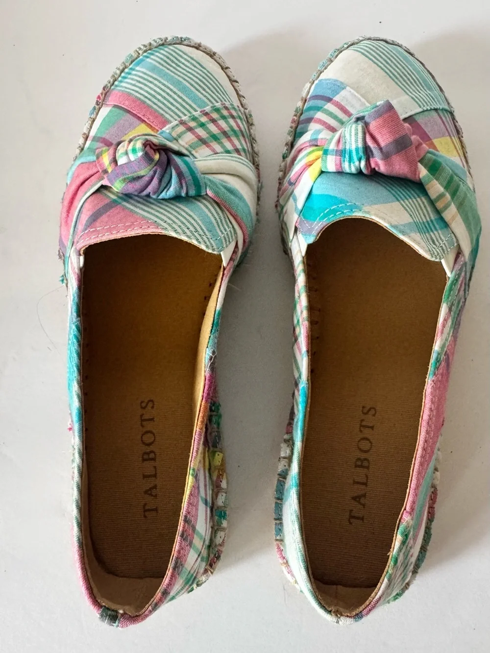 Talbots Women’s 7 Plaid knot Espadrille Flats Teal Pink Slip On Shoes Classic